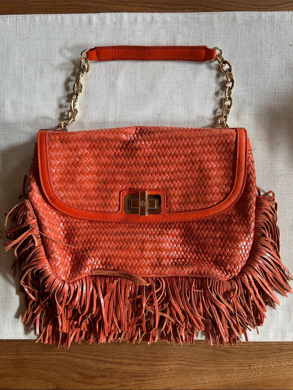 Tory Burch Coral Orange Woven Fringe Shoulder Bag with Gold Chain
